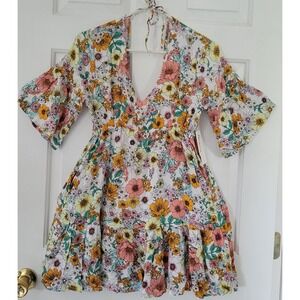 Raisins Floral Babydoll Mini Dress Small Cottagecore Boho Festival Beach Cover